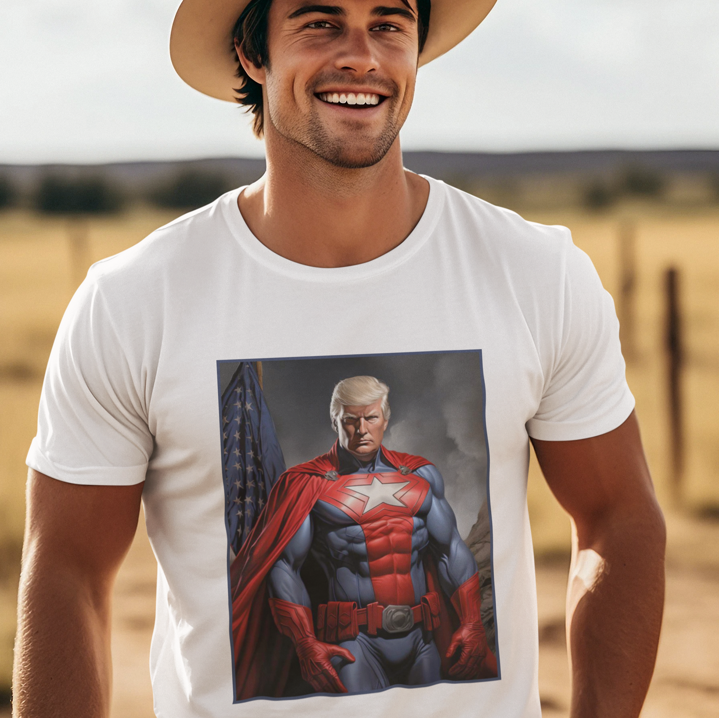 cowboy_wearing_a_white_Trump_superhero_t-shirt